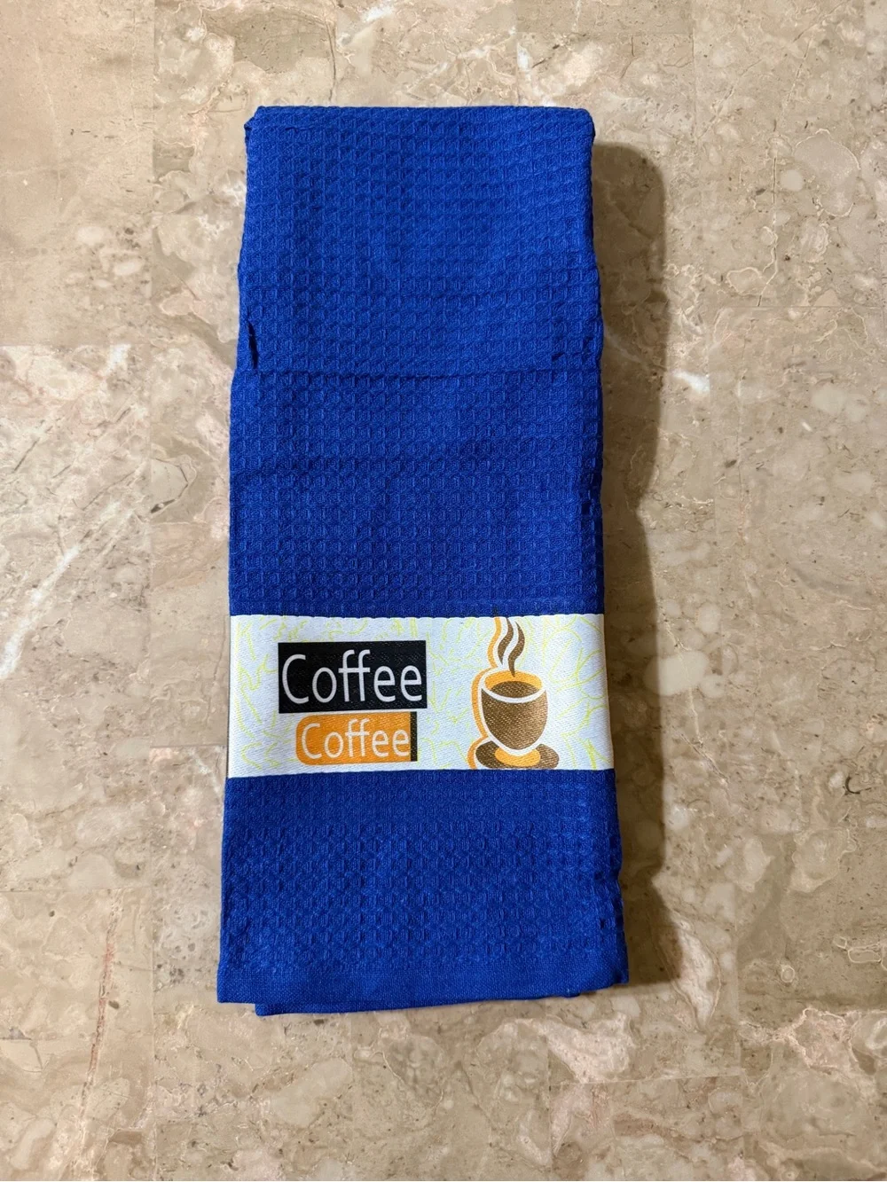 YNS Generic Royal Blue Coffee Motif Waffle Kitchen Towels - Set of 3